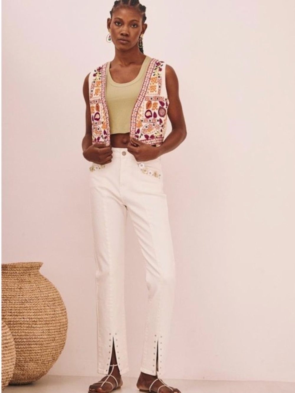 NKN Embellished White Floral Denim Pants USA 4 EU 38